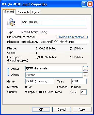 Track properties showing multi-language (Hindi and English) entries in title, artist, and genre.